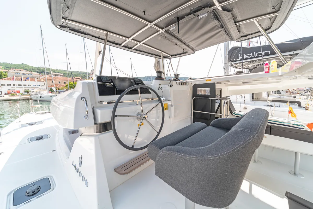 Cockpit of First Dance, a Lagoon 42 catamaran at Skradin, Croatia