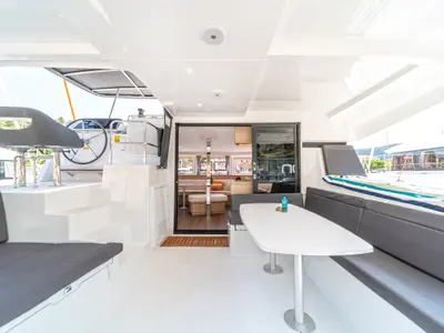 Deck of First Dance, a Lagoon 42 catamaran at Skradin, Croatia