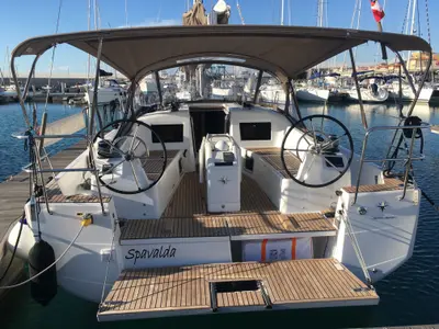 Cockpit of Spavalda, a Jeanneau Sun Odyssey 410 sailboat at San Vincenzo, Italy