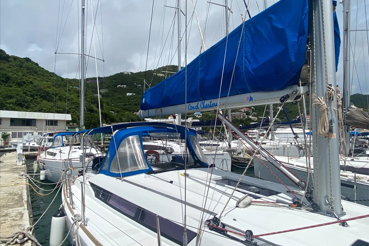Deck of Sir Galahad II, a Jeanneau Sun Odyssey 409 sailboat at Road Town, British Virgin Islands