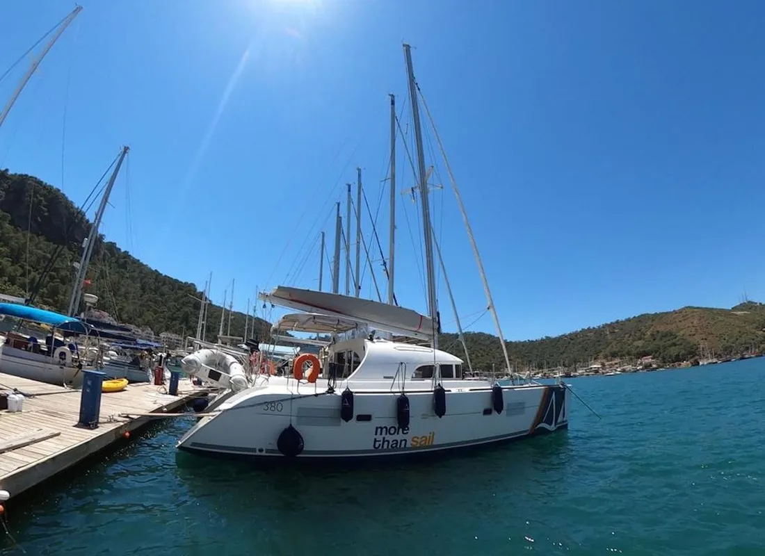 Exterior view of Lagoon 380, a catamaran at Fethiye, Turkey