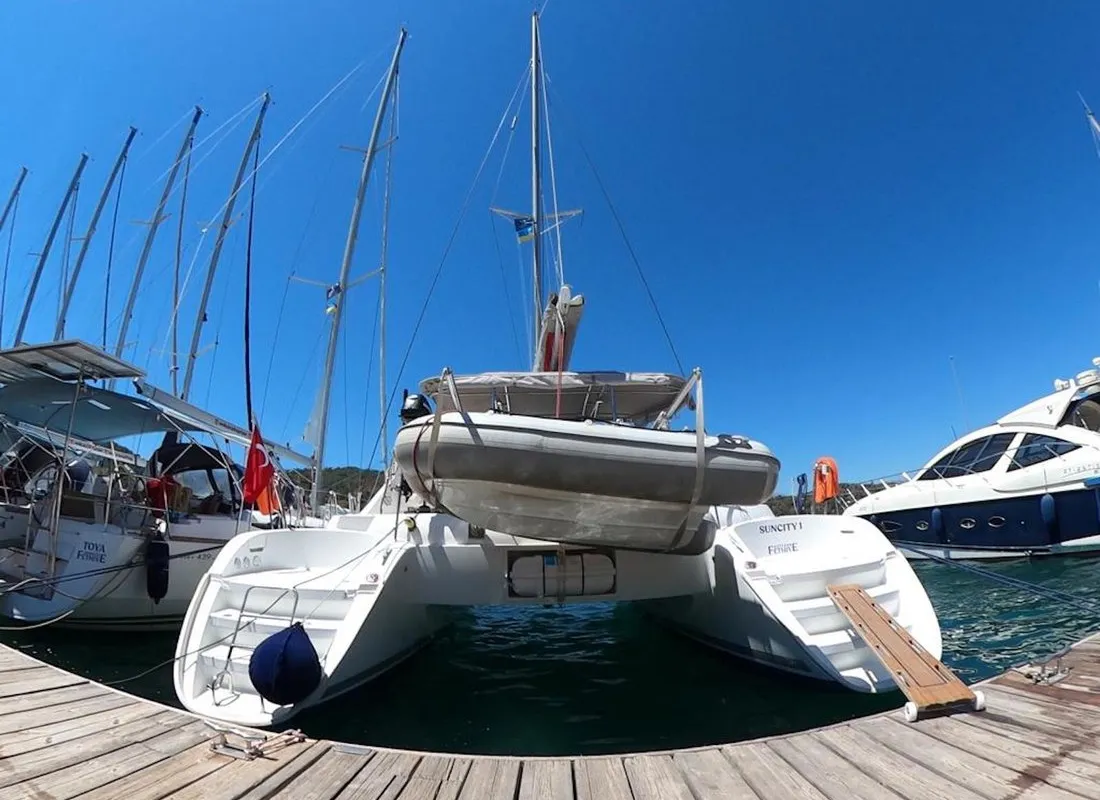 Exterior view of Lagoon 380, a catamaran at Fethiye, Turkey