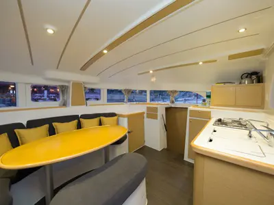 Salon of Lagoon 380, a catamaran at Fethiye, Turkey