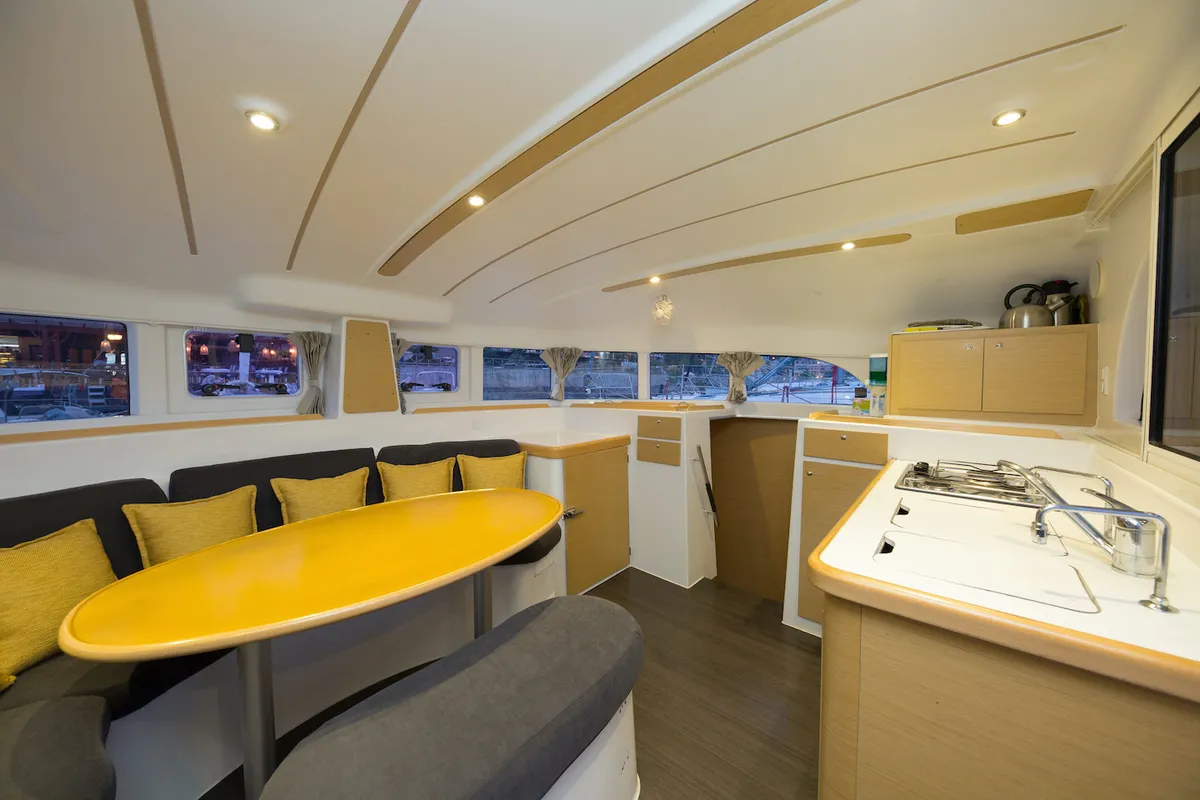 Salon of Lagoon 380, a catamaran at Fethiye, Turkey