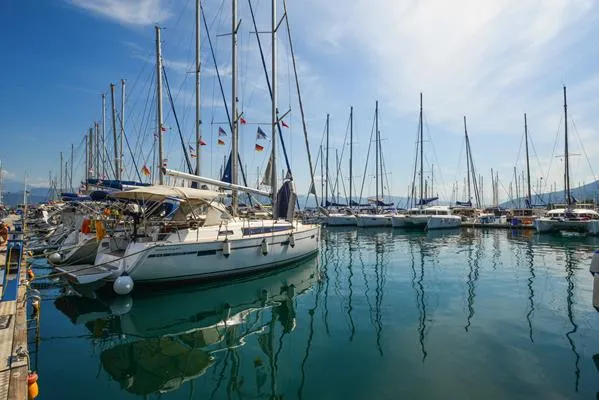 Exterior view of Kedi, a Bavaria Cruiser 37 sailboat at Fethiye, Turkey