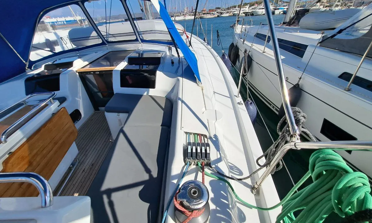 Deck of Swell, a Hanse 455 sailboat at Lavreotiki Municipal Unit, Greece