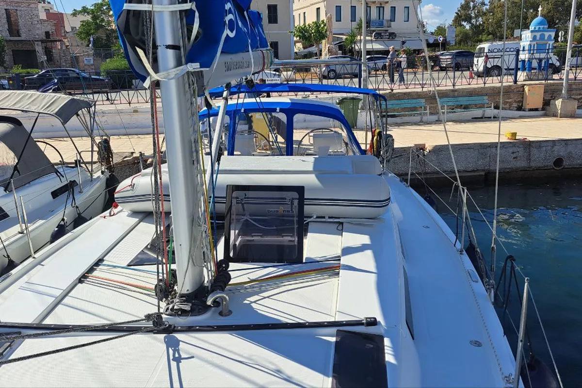 Deck of Swell, a Hanse 455 sailboat at Lavreotiki Municipal Unit, Greece