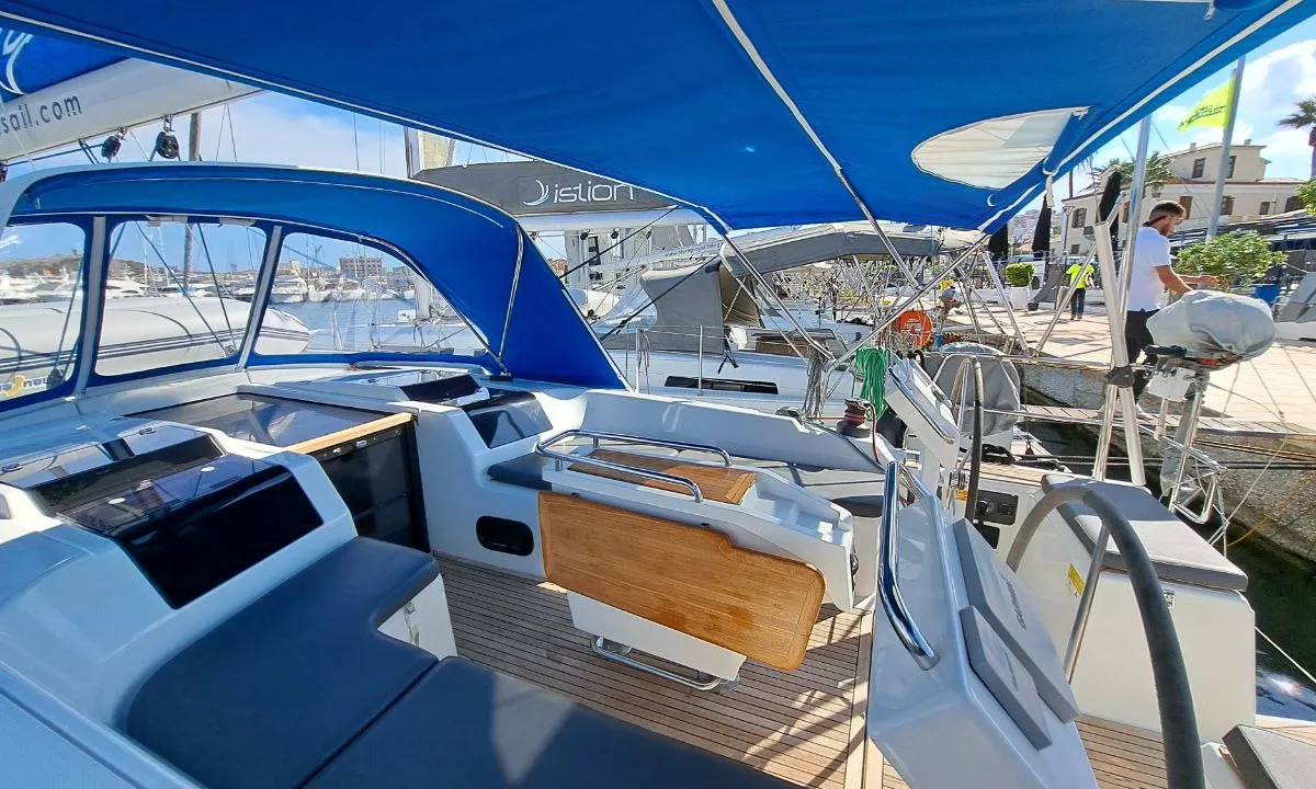 Cockpit of Swell, a Hanse 455 sailboat at Lavreotiki Municipal Unit, Greece