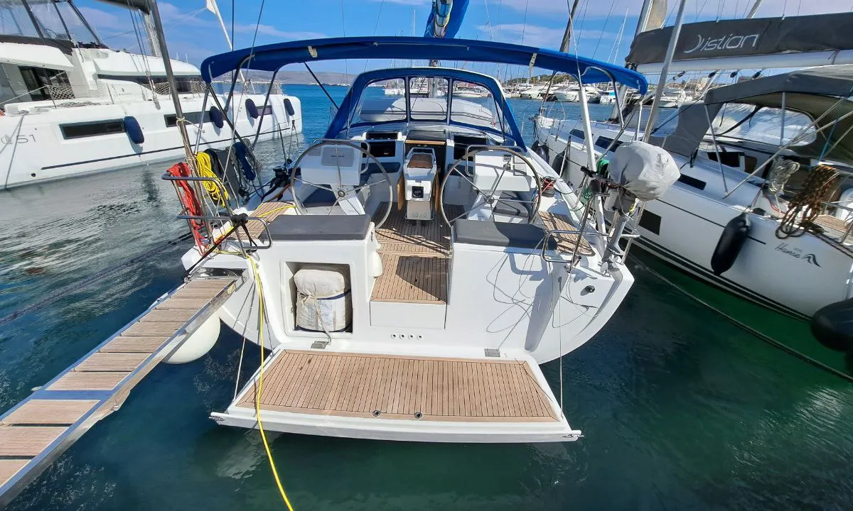 Exterior view of Swell, a Hanse 455 sailboat at Lavreotiki Municipal Unit, Greece