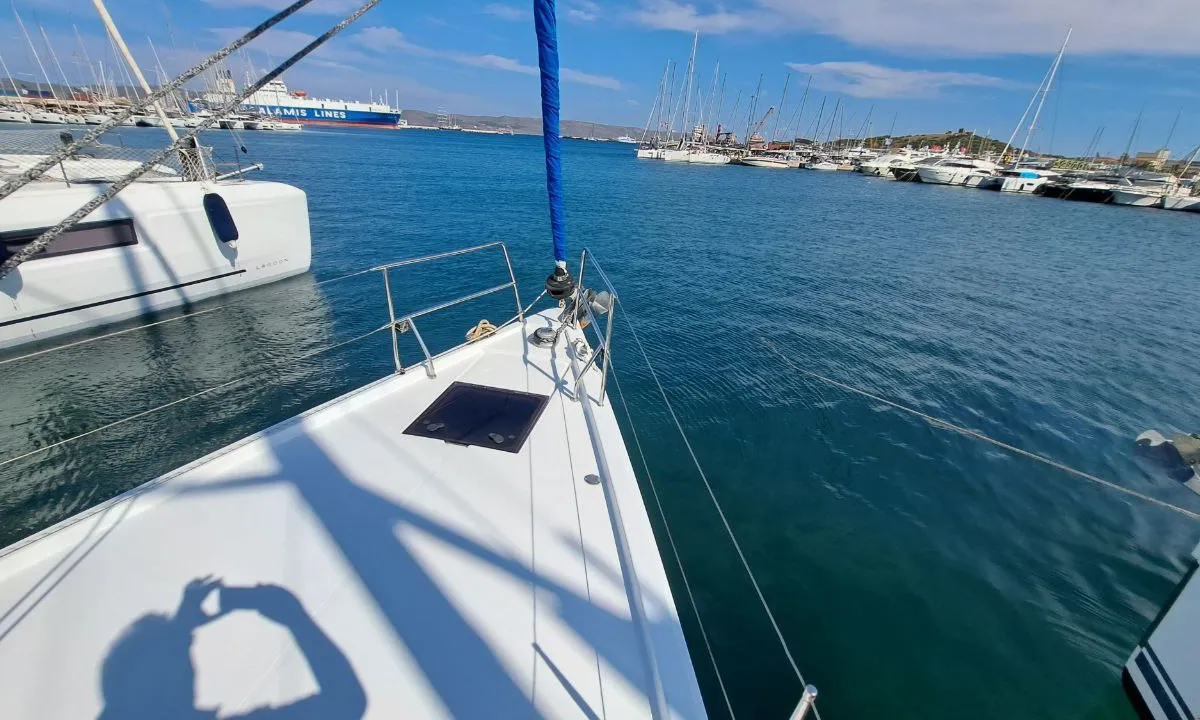 Deck of Swell, a Hanse 455 sailboat at Lavreotiki Municipal Unit, Greece