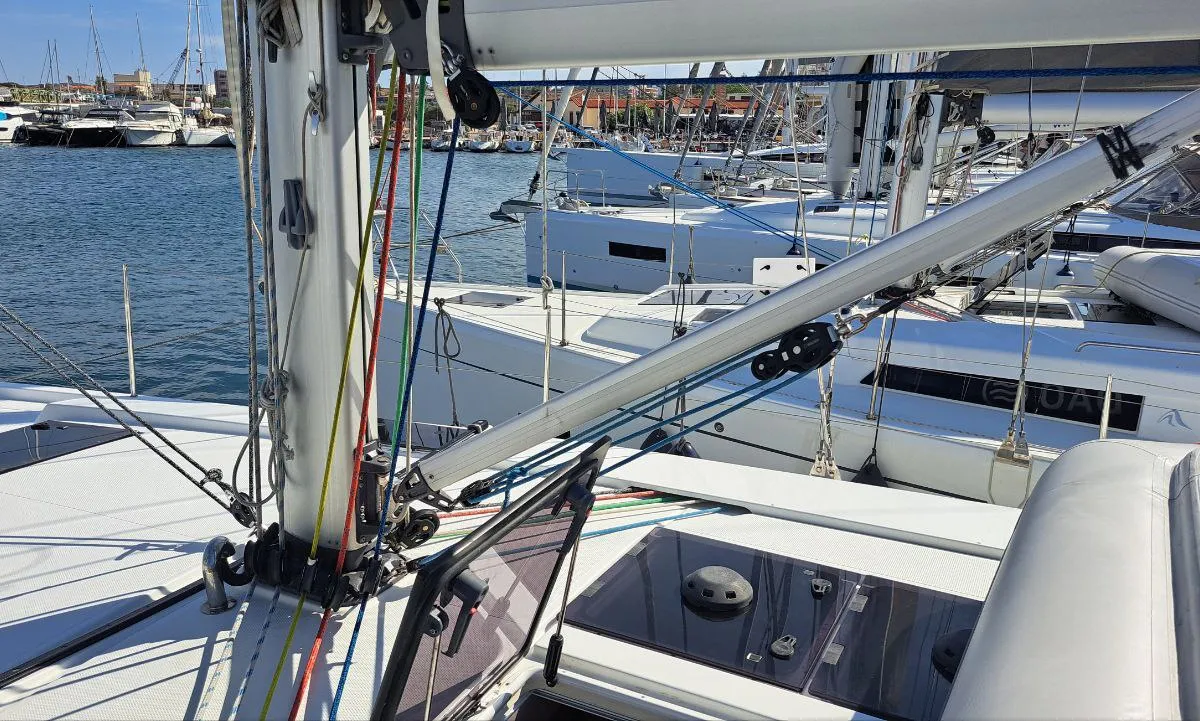 Deck of Swell, a Hanse 455 sailboat at Lavreotiki Municipal Unit, Greece