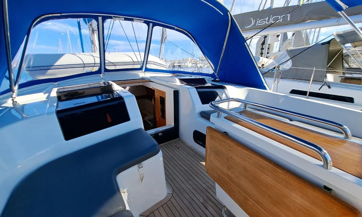 Cockpit of Swell, a Hanse 455 sailboat at Lavreotiki Municipal Unit, Greece