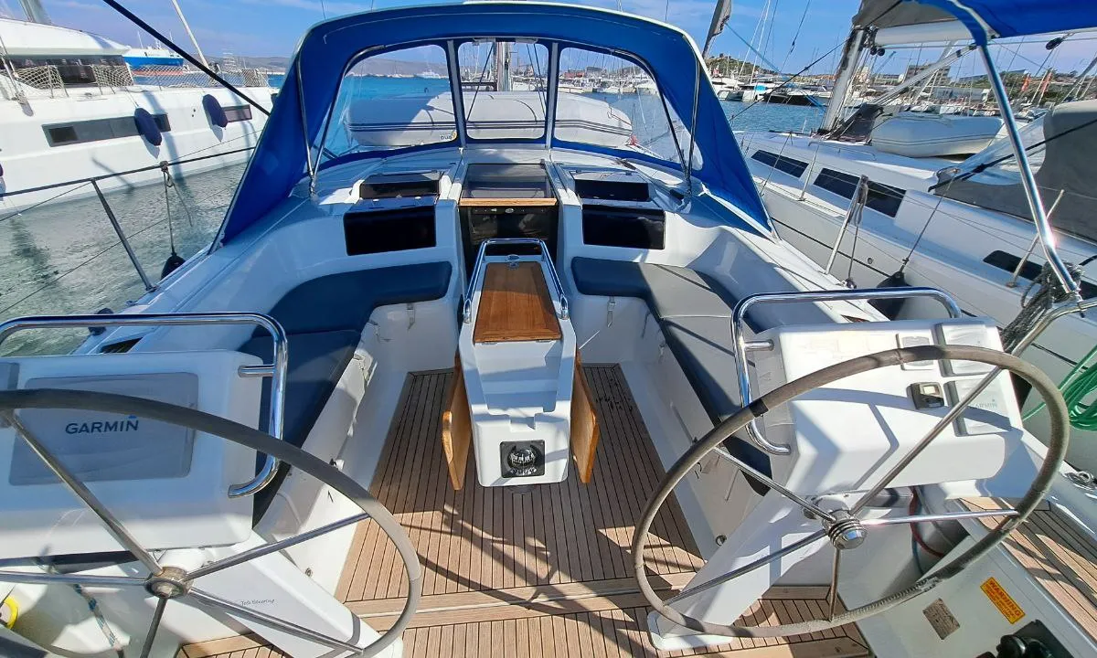 Cockpit of Swell, a Hanse 455 sailboat at Lavreotiki Municipal Unit, Greece