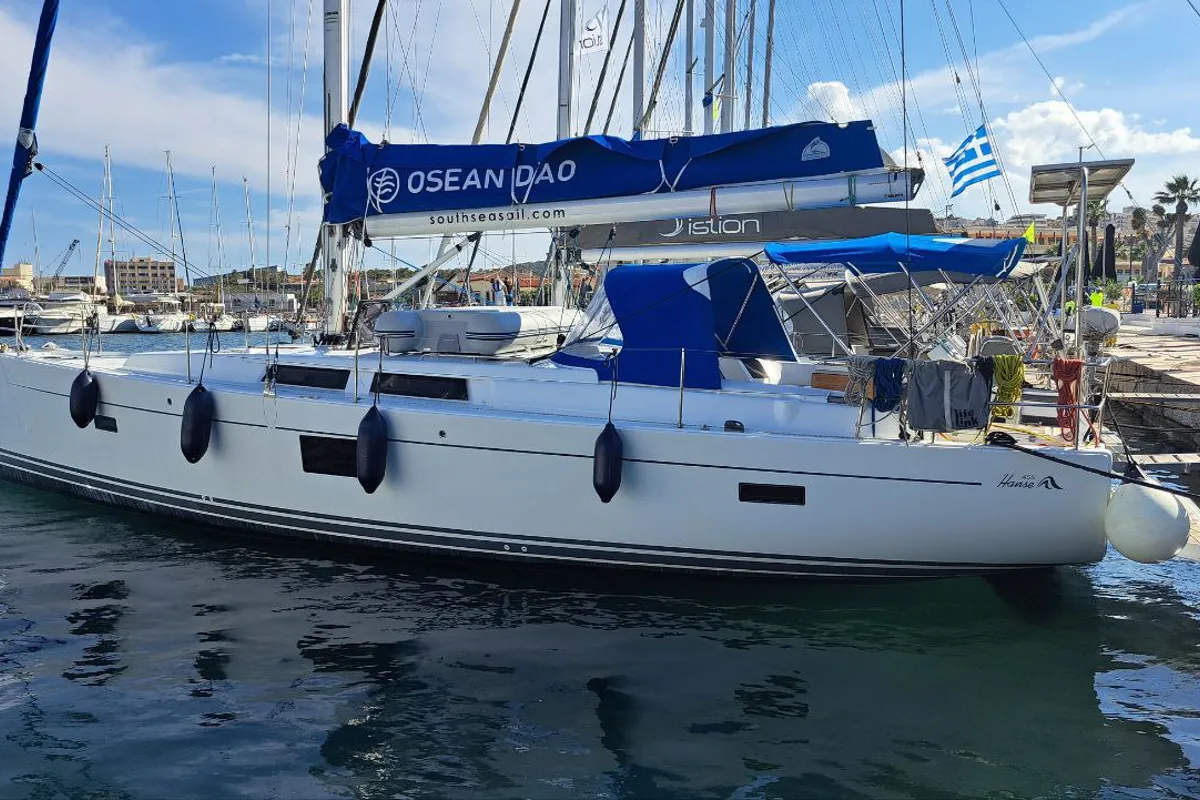Exterior view of Swell, a Hanse 455 sailboat at Lavreotiki Municipal Unit, Greece