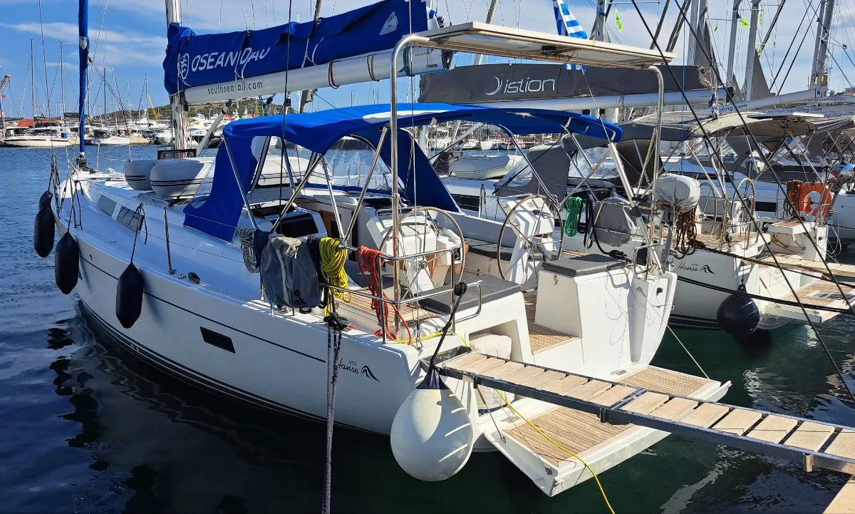 Deck of Swell, a Hanse 455 sailboat at Lavreotiki Municipal Unit, Greece