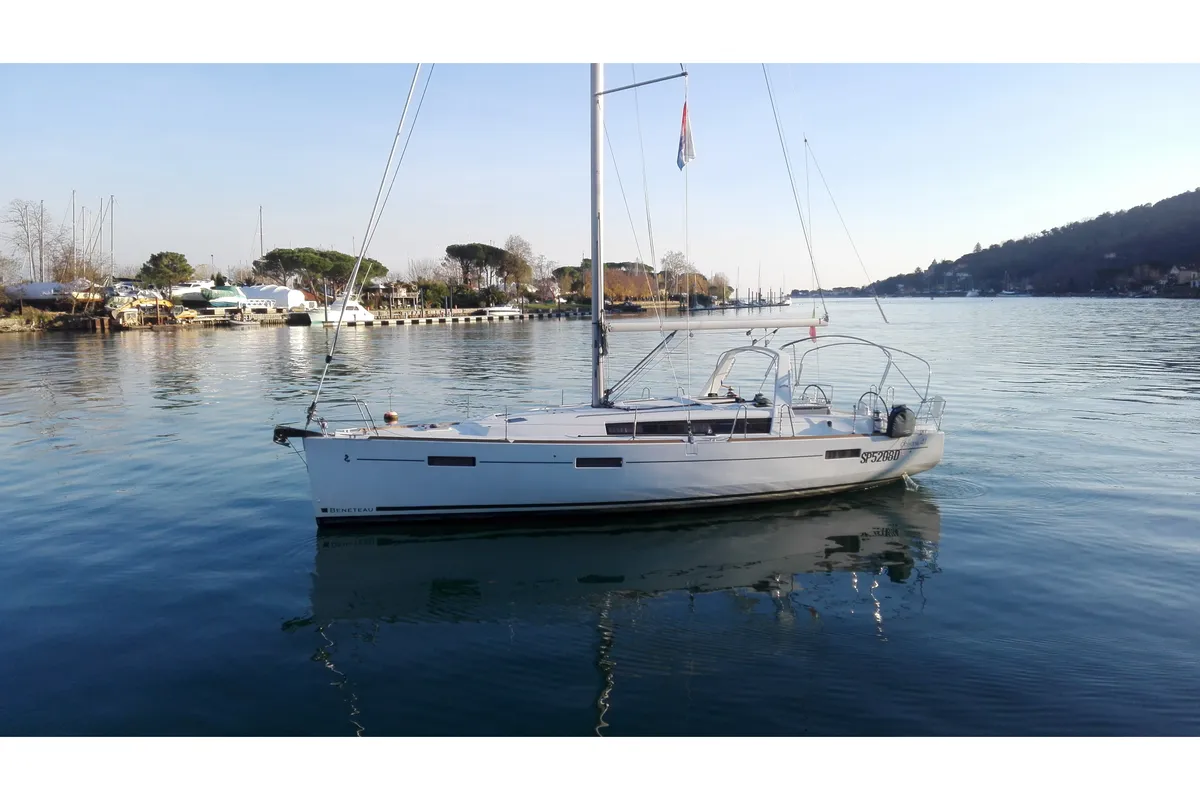 Exterior view of Poison, a Beneteau Oceanis 41.1 sailboat at Bocca di Magra, Italy