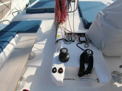 Deck of Lublu, a Dufour Catamaran 48 catamaran at Olbia, Italy