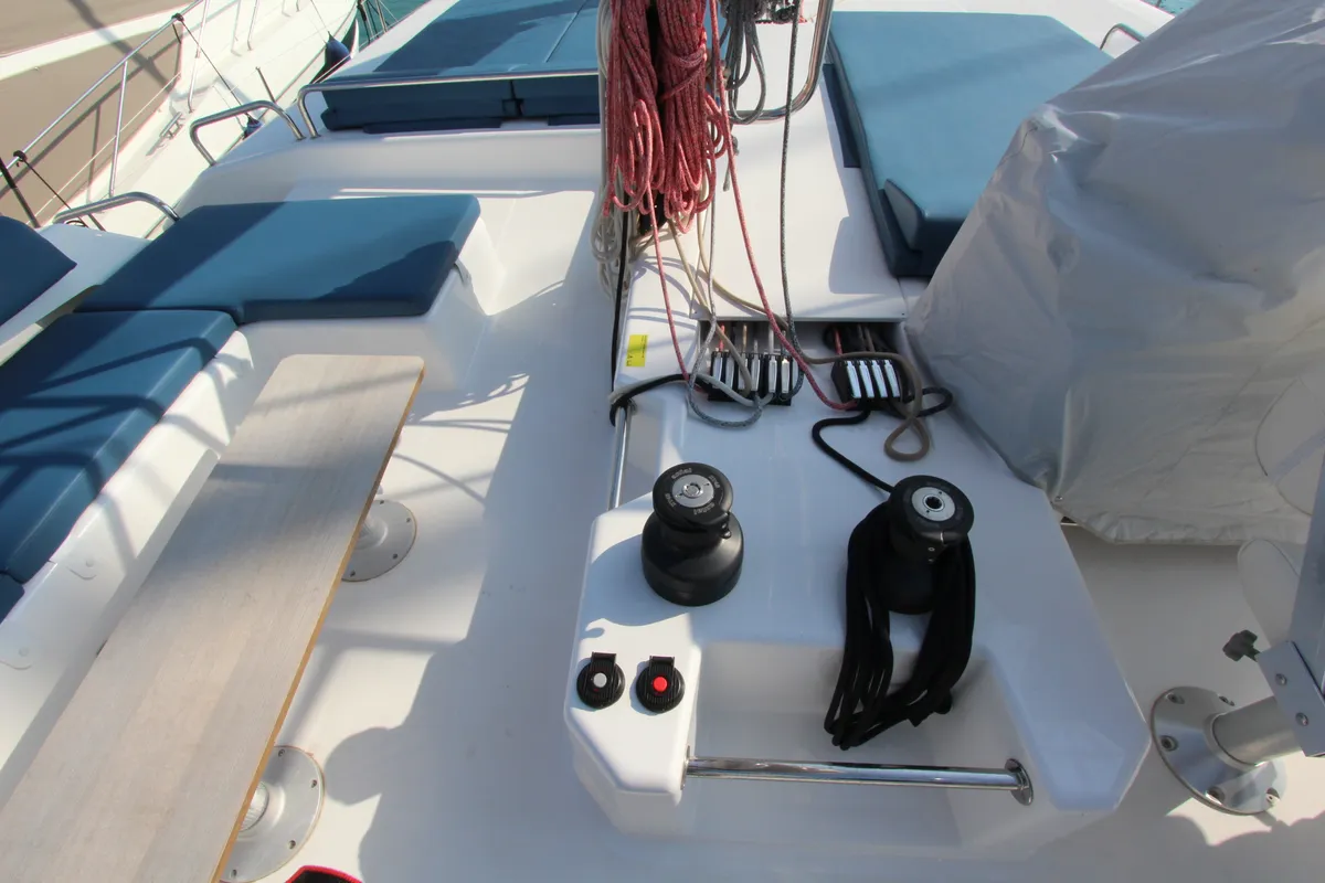 Deck of Lublu, a Dufour Catamaran 48 catamaran at Olbia, Italy