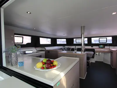 Salon of Lublu, a Dufour Catamaran 48 catamaran at Olbia, Italy