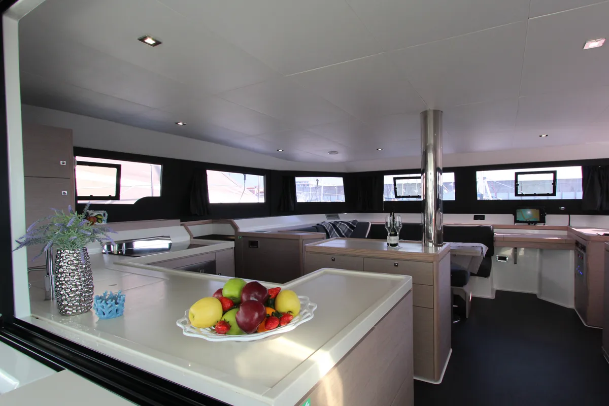 Salon of Lublu, a Dufour Catamaran 48 catamaran at Olbia, Italy