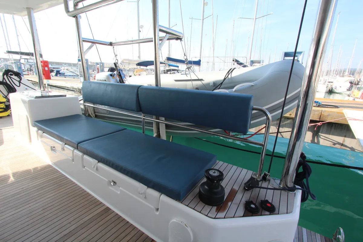 Deck of Lublu, a Dufour Catamaran 48 catamaran at Olbia, Italy