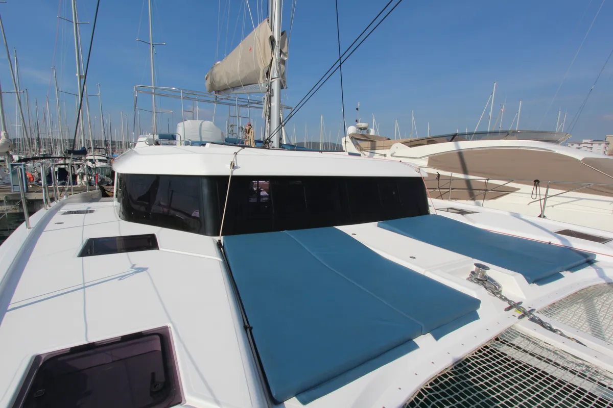 Exterior view of Lublu, a Dufour Catamaran 48 catamaran at Olbia, Italy