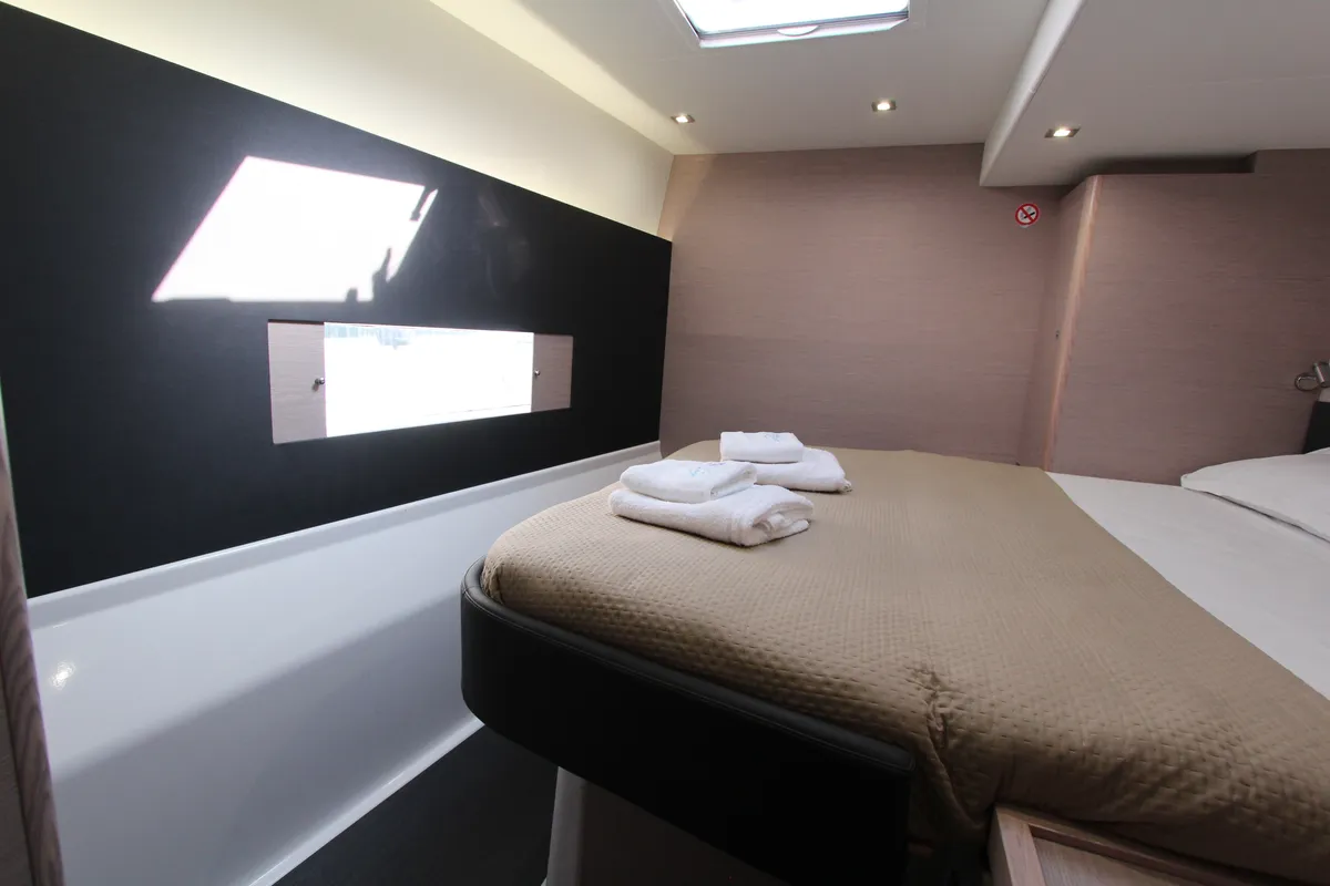 Cabin on Lublu, a Dufour Catamaran 48 catamaran at Olbia, Italy