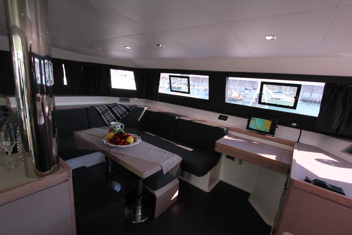 Salon of Lublu, a Dufour Catamaran 48 catamaran at Olbia, Italy
