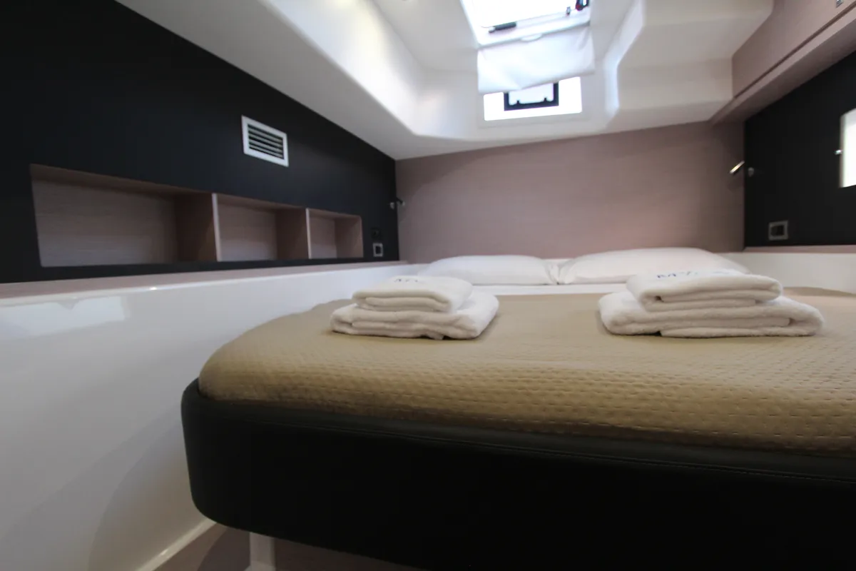 Cabin on Lublu, a Dufour Catamaran 48 catamaran at Olbia, Italy