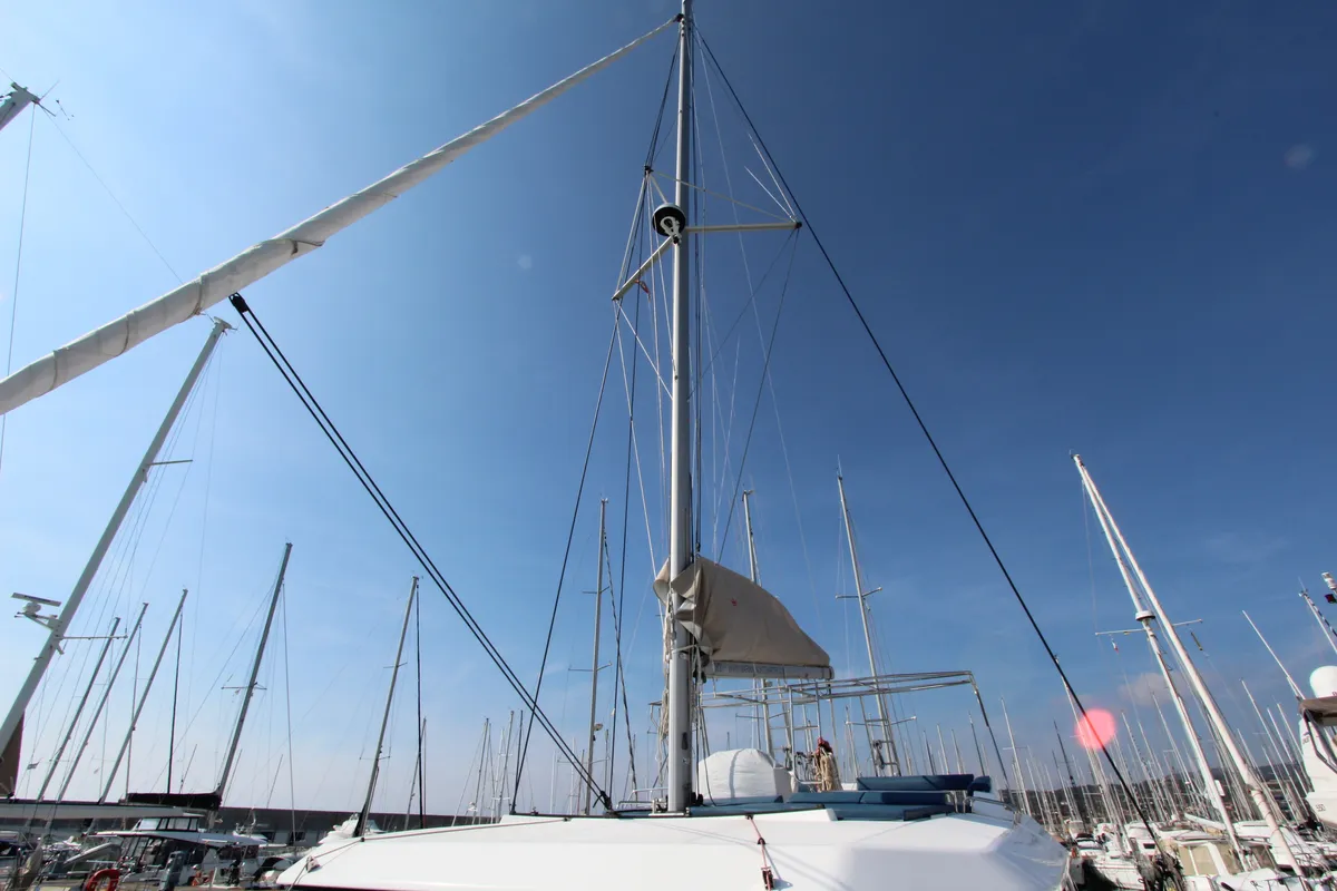 Exterior view of Lublu, a Dufour Catamaran 48 catamaran at Olbia, Italy