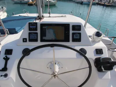 Cockpit of Lublu, a Dufour Catamaran 48 catamaran at Olbia, Italy