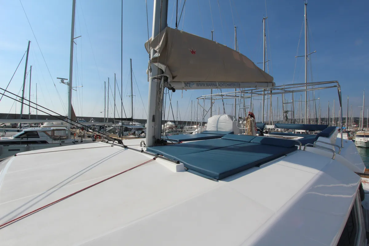 Deck of Lublu, a Dufour Catamaran 48 catamaran at Olbia, Italy