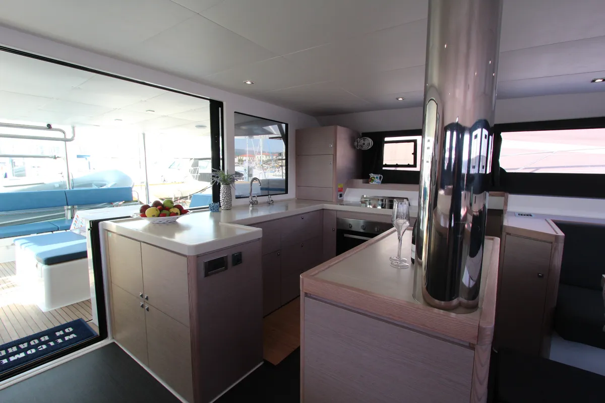 Galley of Lublu, a Dufour Catamaran 48 catamaran at Olbia, Italy