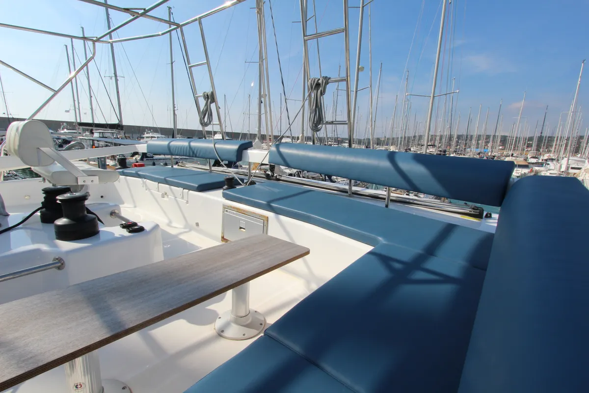 Deck of Lublu, a Dufour Catamaran 48 catamaran at Olbia, Italy