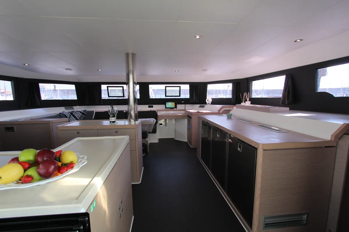 Salon of Lublu, a Dufour Catamaran 48 catamaran at Olbia, Italy
