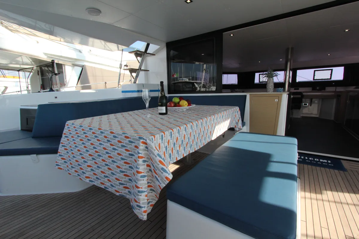 Deck of Lublu, a Dufour Catamaran 48 catamaran at Olbia, Italy