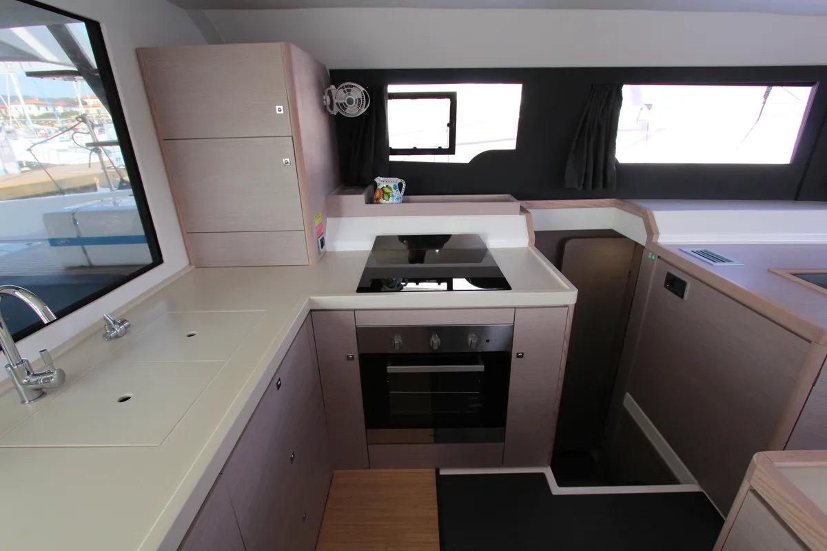 Galley of Lublu, a Dufour Catamaran 48 catamaran at Olbia, Italy