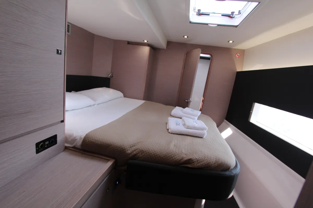 Cabin on Lublu, a Dufour Catamaran 48 catamaran at Olbia, Italy