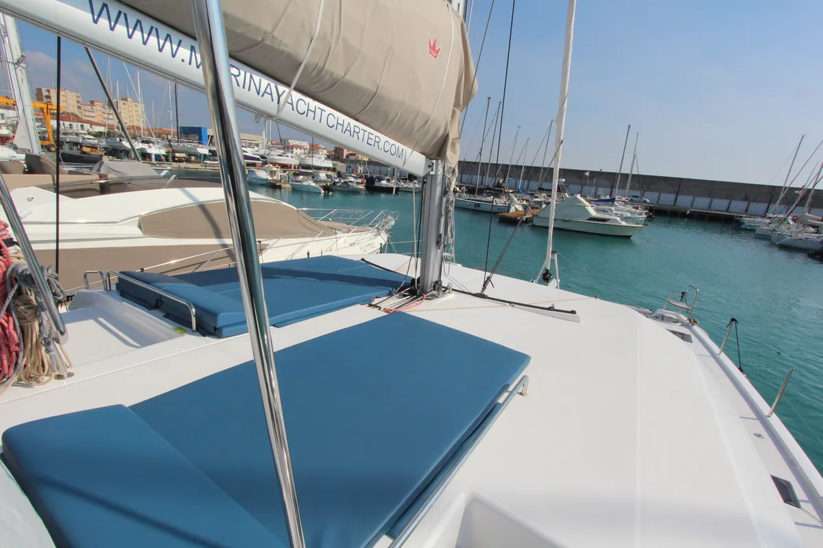 Deck of Lublu, a Dufour Catamaran 48 catamaran at Olbia, Italy