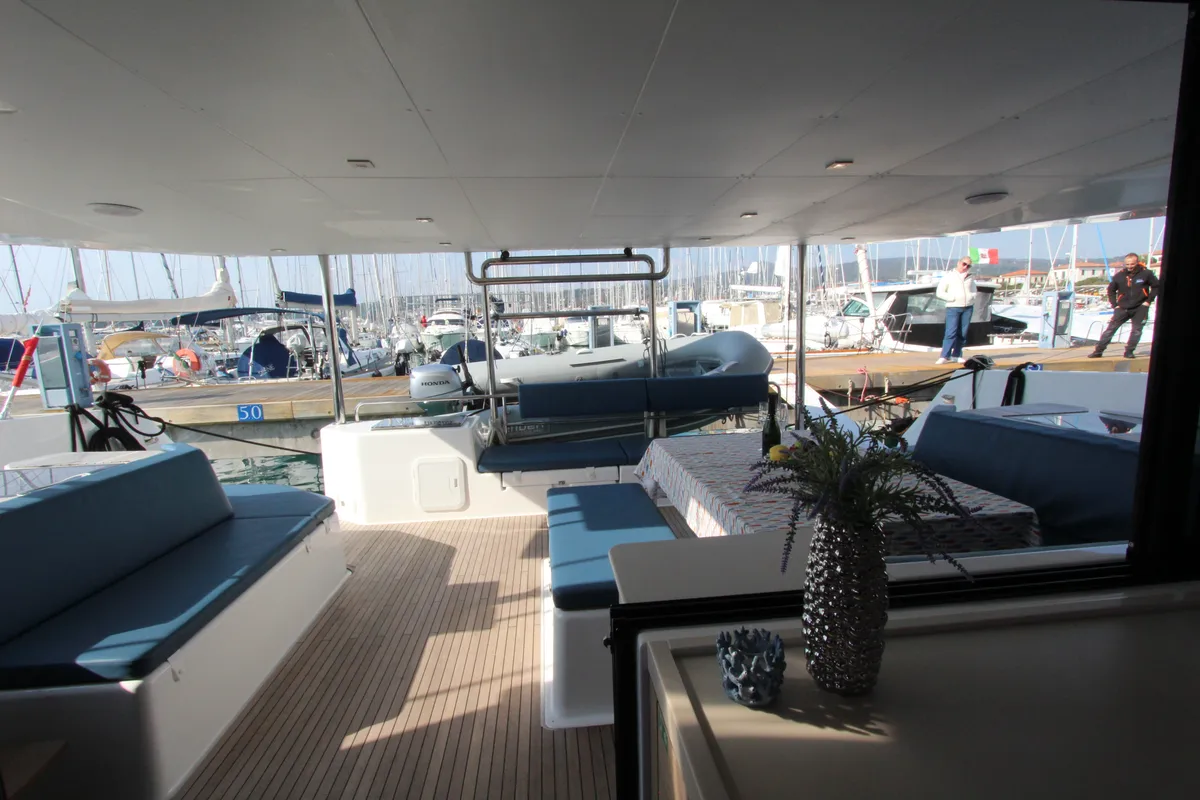 Deck of Lublu, a Dufour Catamaran 48 catamaran at Olbia, Italy