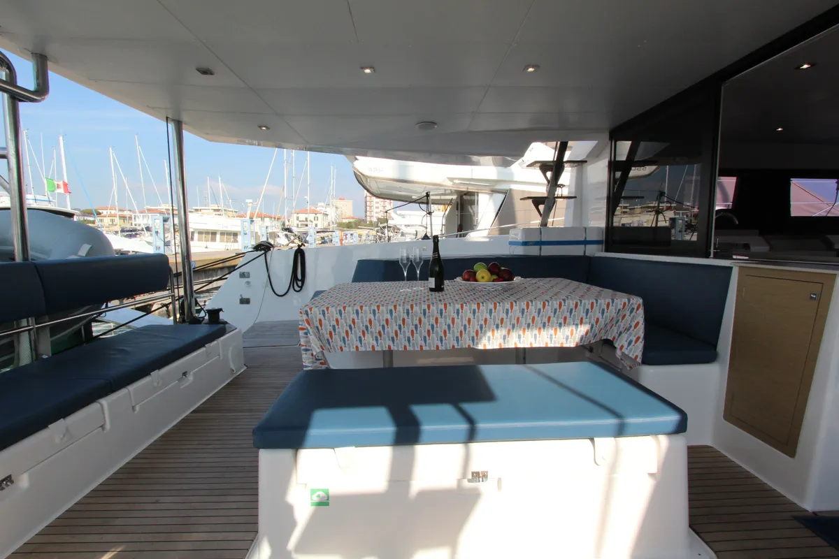 Deck of Lublu, a Dufour Catamaran 48 catamaran at Olbia, Italy