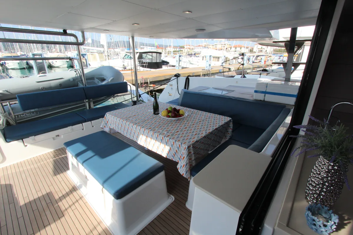 Deck of Lublu, a Dufour Catamaran 48 catamaran at Olbia, Italy