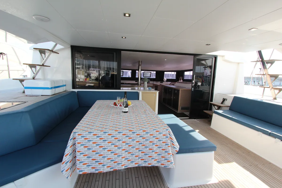 Deck of Lublu, a Dufour Catamaran 48 catamaran at Olbia, Italy