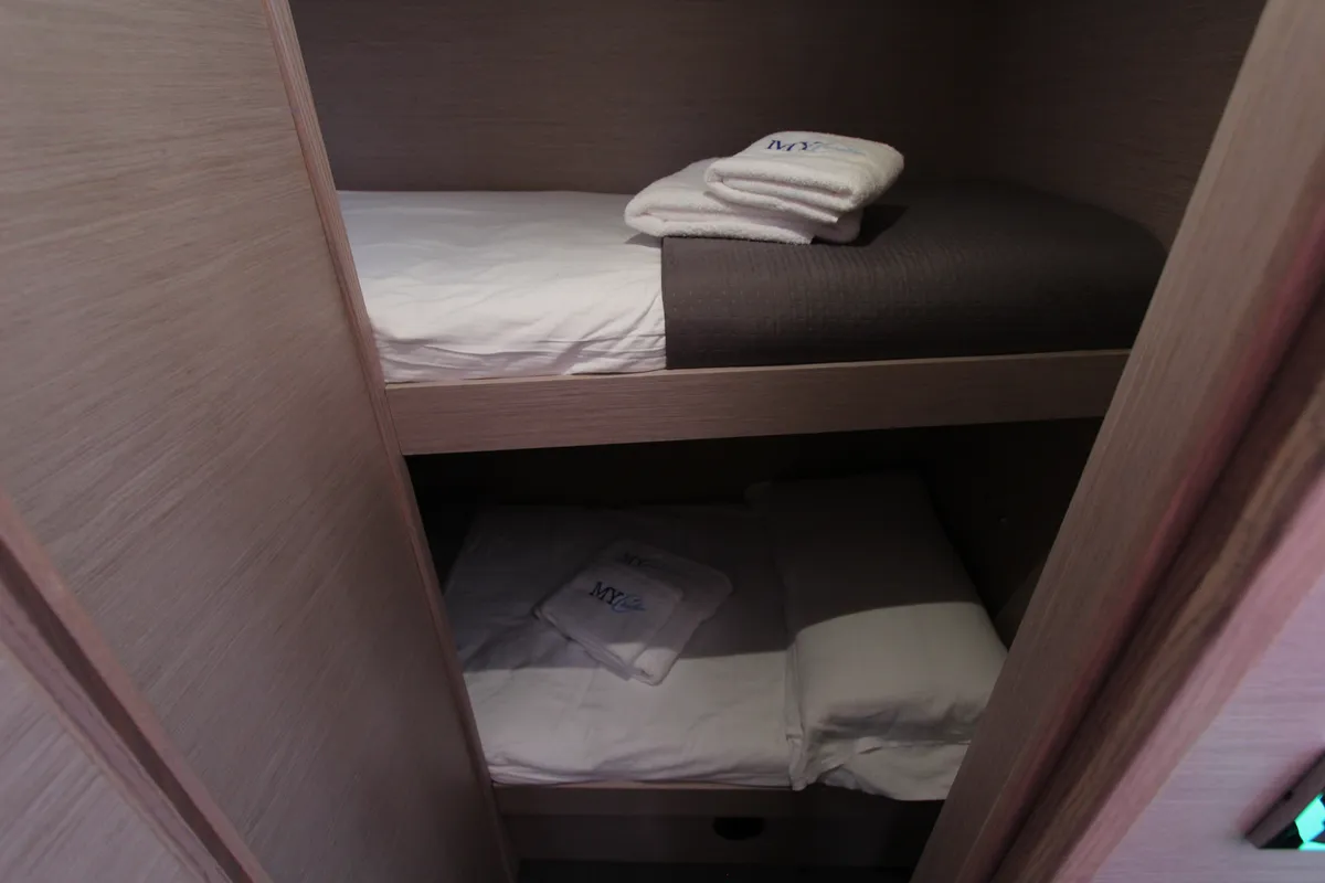 Cabin on Lublu, a Dufour Catamaran 48 catamaran at Olbia, Italy