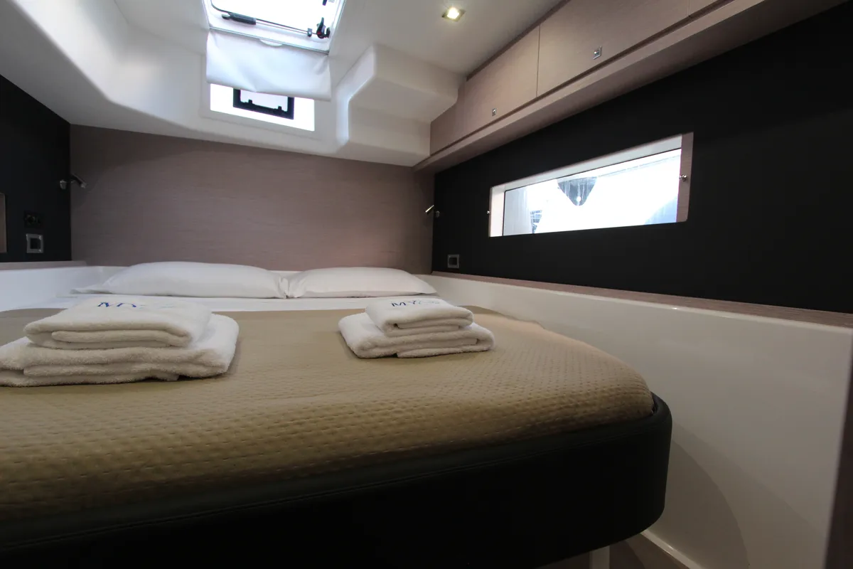 Cabin on Lublu, a Dufour Catamaran 48 catamaran at Olbia, Italy