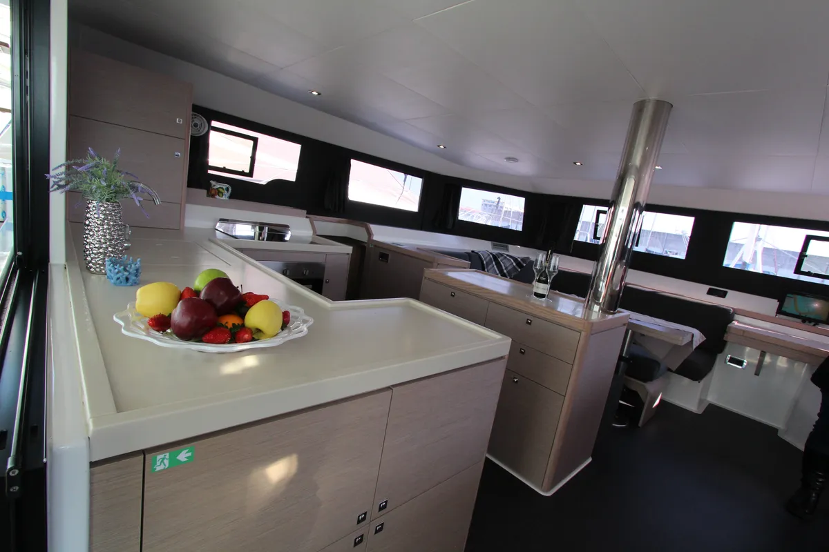 Salon of Lublu, a Dufour Catamaran 48 catamaran at Olbia, Italy