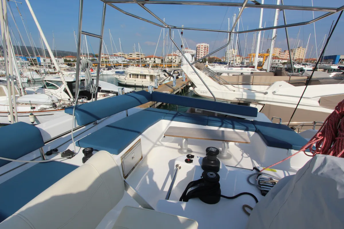 Cockpit of Lublu, a Dufour Catamaran 48 catamaran at Olbia, Italy