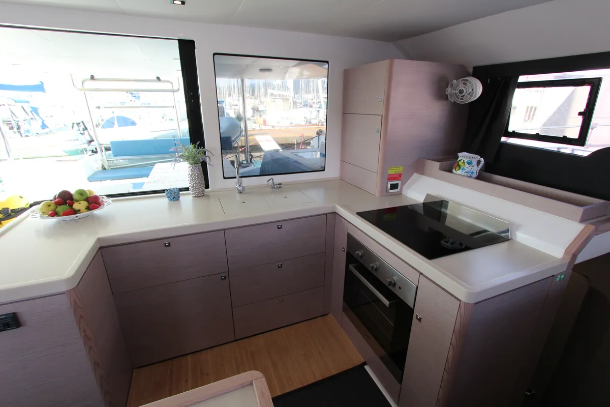 Galley of Lublu, a Dufour Catamaran 48 catamaran at Olbia, Italy