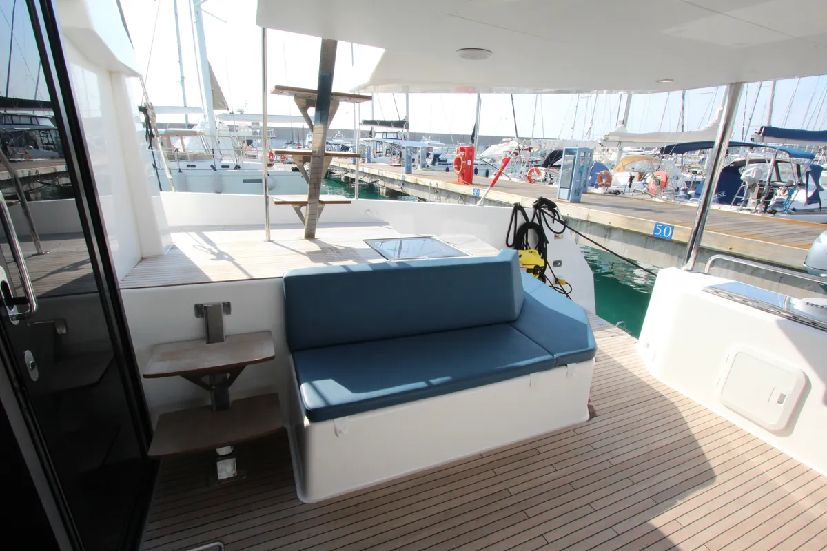 Deck of Lublu, a Dufour Catamaran 48 catamaran at Olbia, Italy