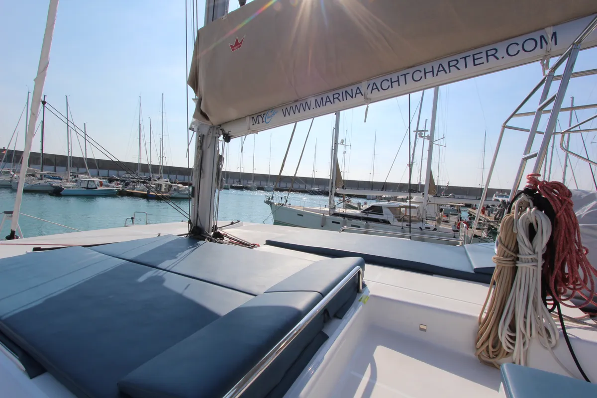 Deck of Lublu, a Dufour Catamaran 48 catamaran at Olbia, Italy